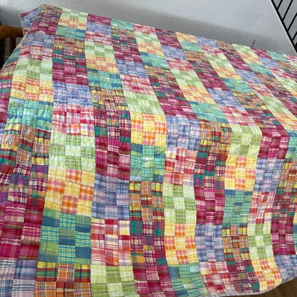 Vintage LNT Home Quilt Square Plaid Patchwork Reversible 88